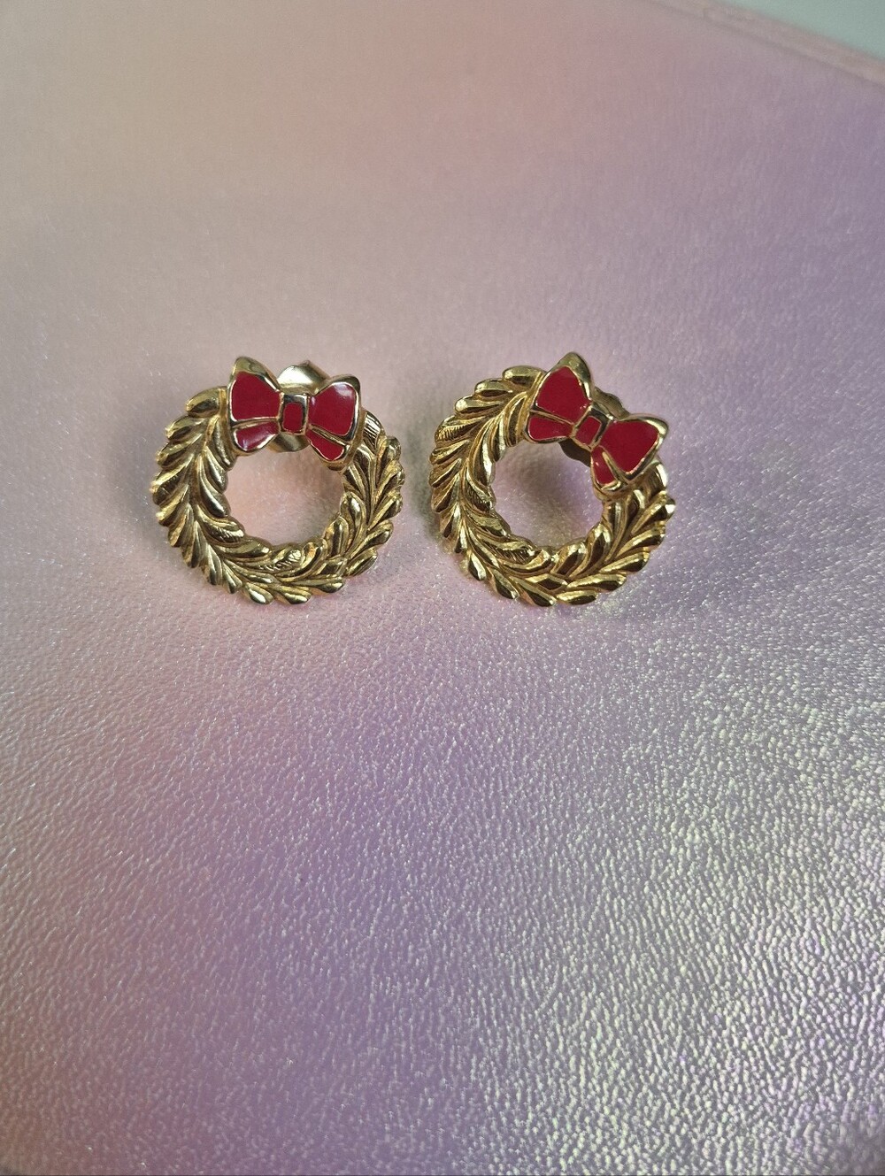 Gold Wreath Earrings with Red Bow